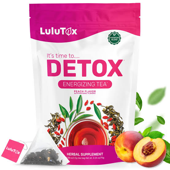Lulutox Detox Tea peach flavor pouch front label with 28 pyramid tea bags